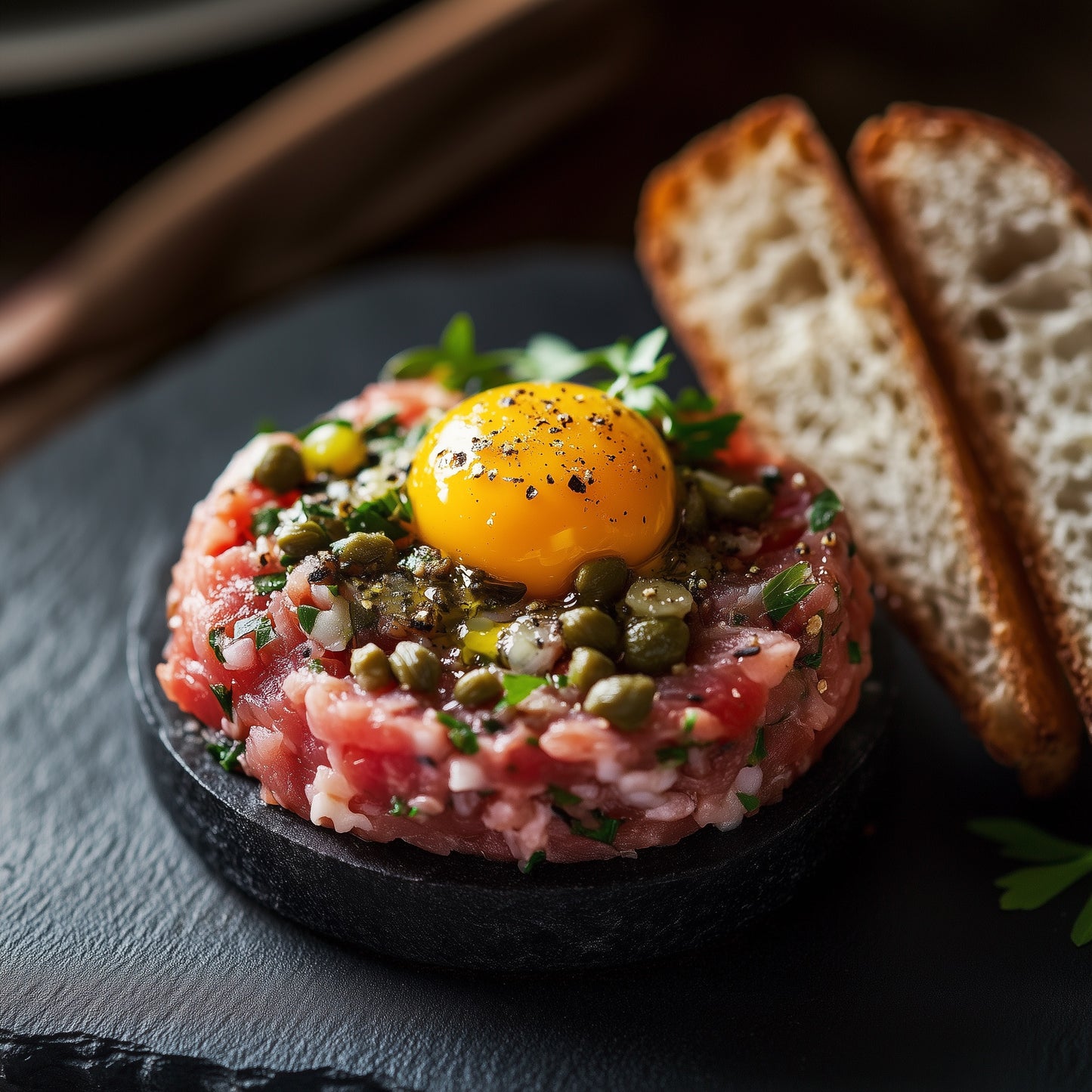 Steak Tartare with Quail Egg & Microgreens – AI Food Image (Digital Download)