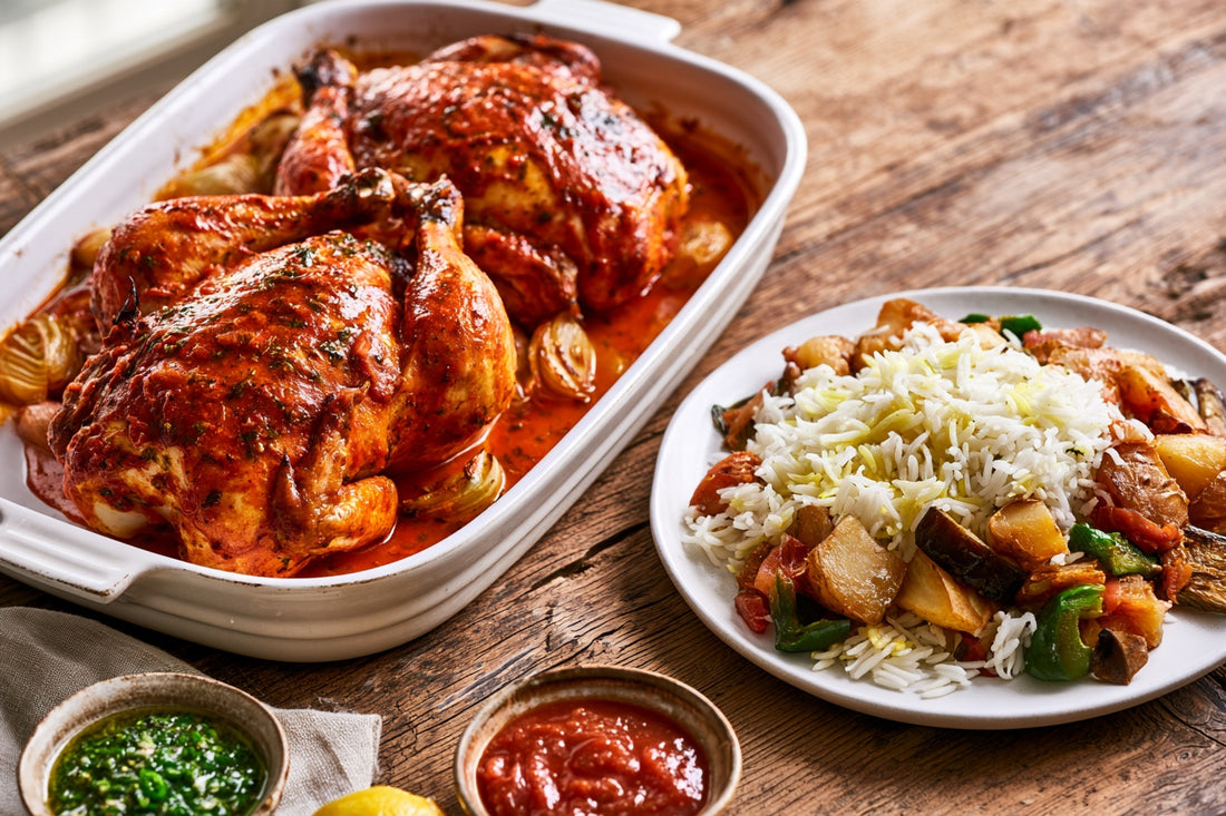 Two baked chickens in a red-orange marinade in a white dish, beside a plate of white basmati rice with fried potato, eggplant and peppers