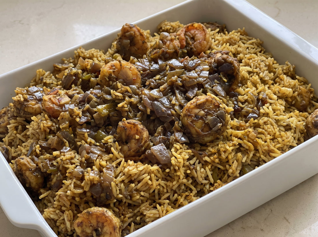 Kuwaiti Murabyan in a white dish - golden basmati rice with shrimp and caramelized onion topping