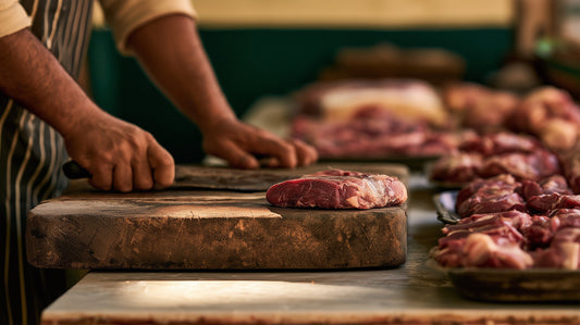 A butcher trimming meat on a worn wooden block in a traditional Kuwaiti butcher shop