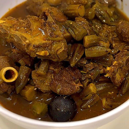 Close-up of Marag Bamya, Kuwaiti okra stew with lamb and dried lime