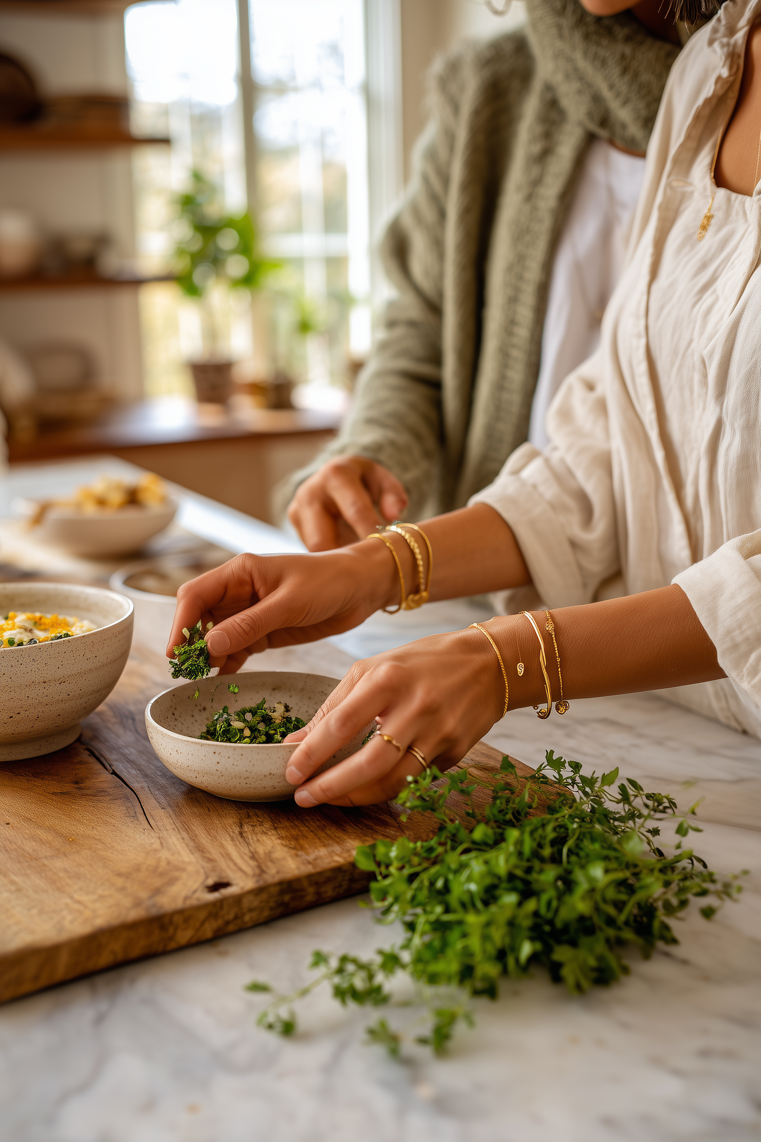 Two women's hands garnishing a dish with fresh parsley in a warm kitchen — collaboration